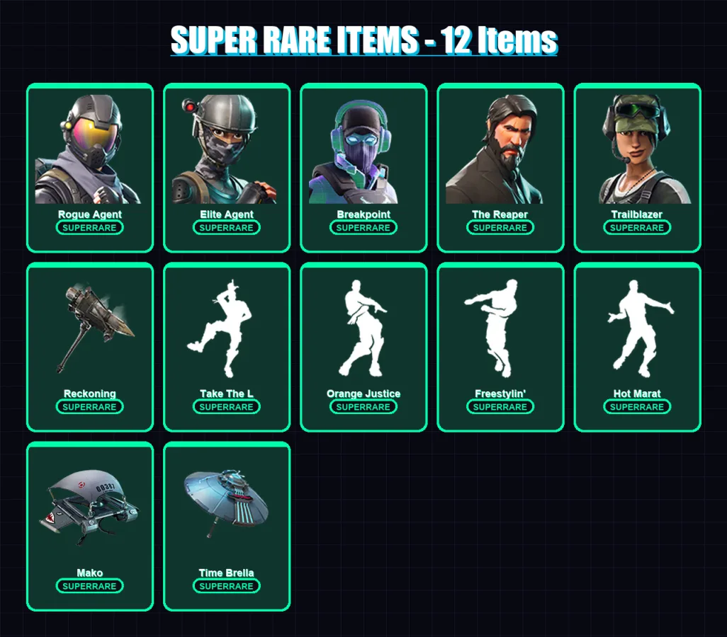 [PC] | Rogue Agent | Elite Agent | Breakpoint | The Reaper | Trailblazer | 72 skin | 71 pickaxe | 99 emote | 78 glider | Lv1200