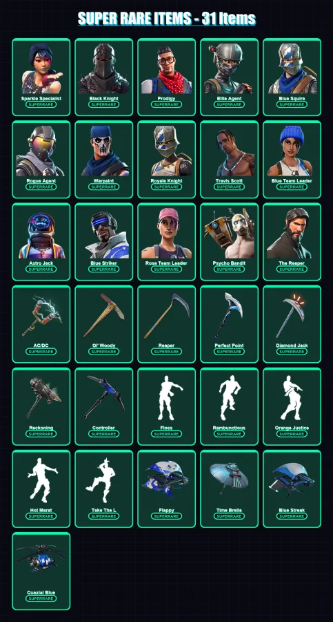 [PC/XBOX] | Sparkle Specialist | Black Knight | Prodigy | Elite Agent | Blue Squire | 216 skin | 163 pickaxe | 199 emote | 139 glider | Lv2009