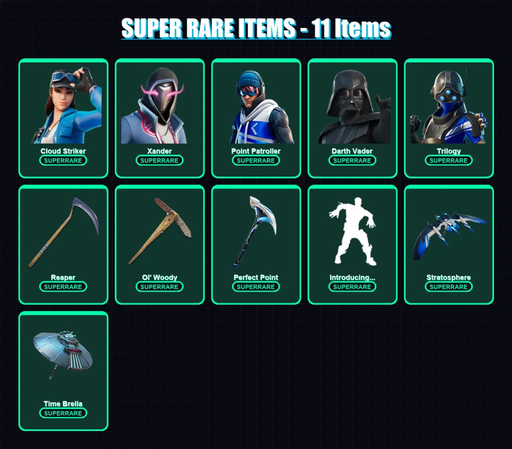 [PS4/PS5/XBOX/PC] | Cloud Striker | Xander | Point Patroller | Darth Vader | Trilogy | 147 skin | 201 pickaxe | 136 emote | 156 glider | Lv3163