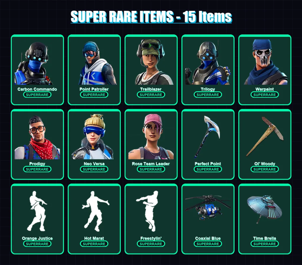 [PC/XBOX] | Carbon Commando | Point Patroller | Trailblazer | Trilogy | Warpaint | 37 skin | 54 pickaxe | 49 emote | 59 glider | Lv671