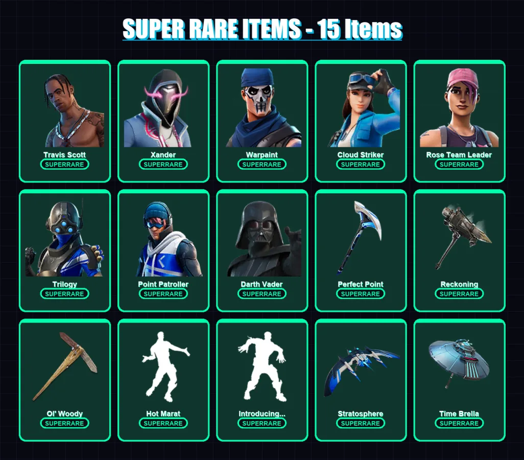 [PC] | Travis Scott | Xander | Warpaint | Cloud Striker | Rose Team Leader | 155 skin | 168 pickaxe | 158 emote | 129 glider | Lv2092 — Fortnite account