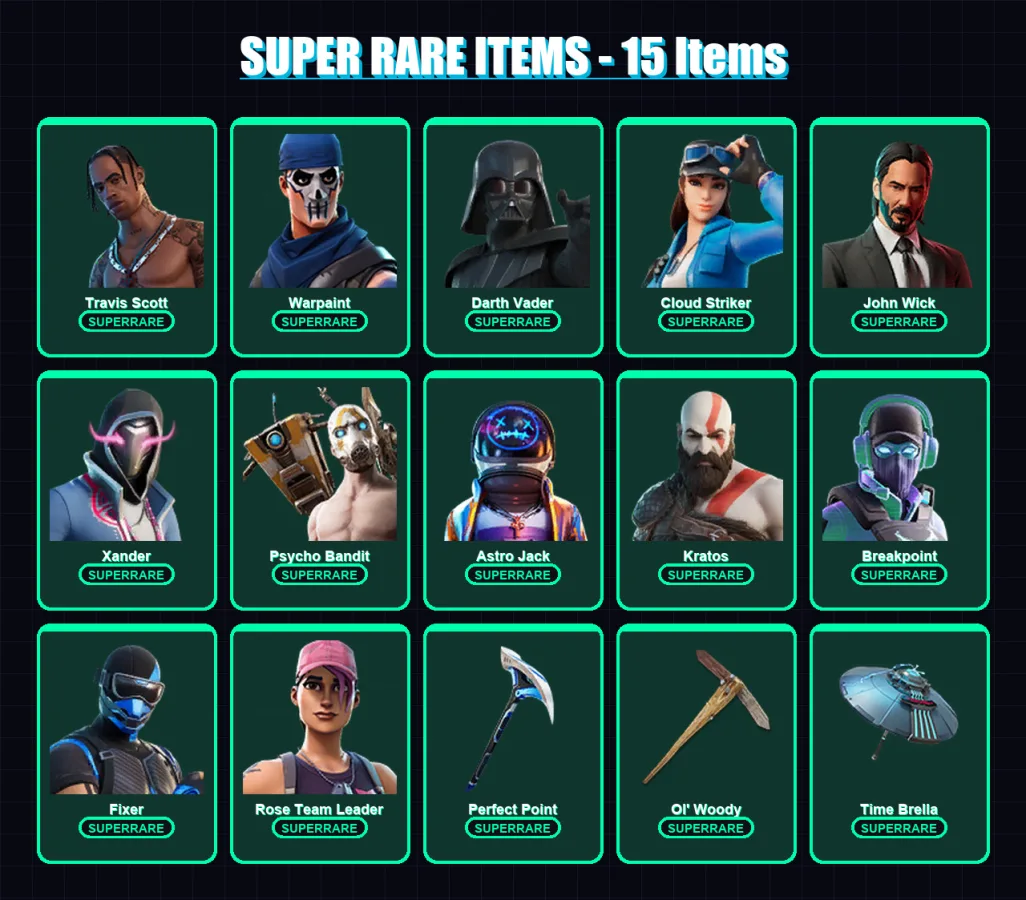 [PC] | Travis Scott | Warpaint | Darth Vader | Cloud Striker | John Wick | 402 skin | 375 pickaxe | 259 emote | 264 glider | Lv4408