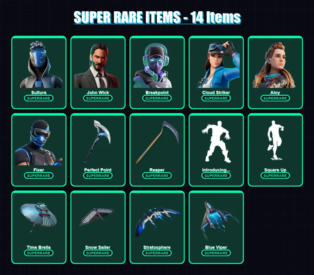 [PS4/PS5/XBOX/PC] | Sultura | John Wick | Breakpoint | Cloud Striker | Aloy | 306 skin | 345 pickaxe | 286 emote | 220 glider | Lv3079