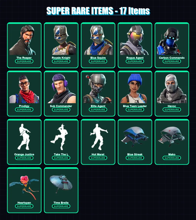 [PC] | The Reaper | Royale Knight | Blue Squire | Rogue Agent | Carbon Commando | 128 skin | 131 pickaxe | 120 emote | 108 glider | Lv1497