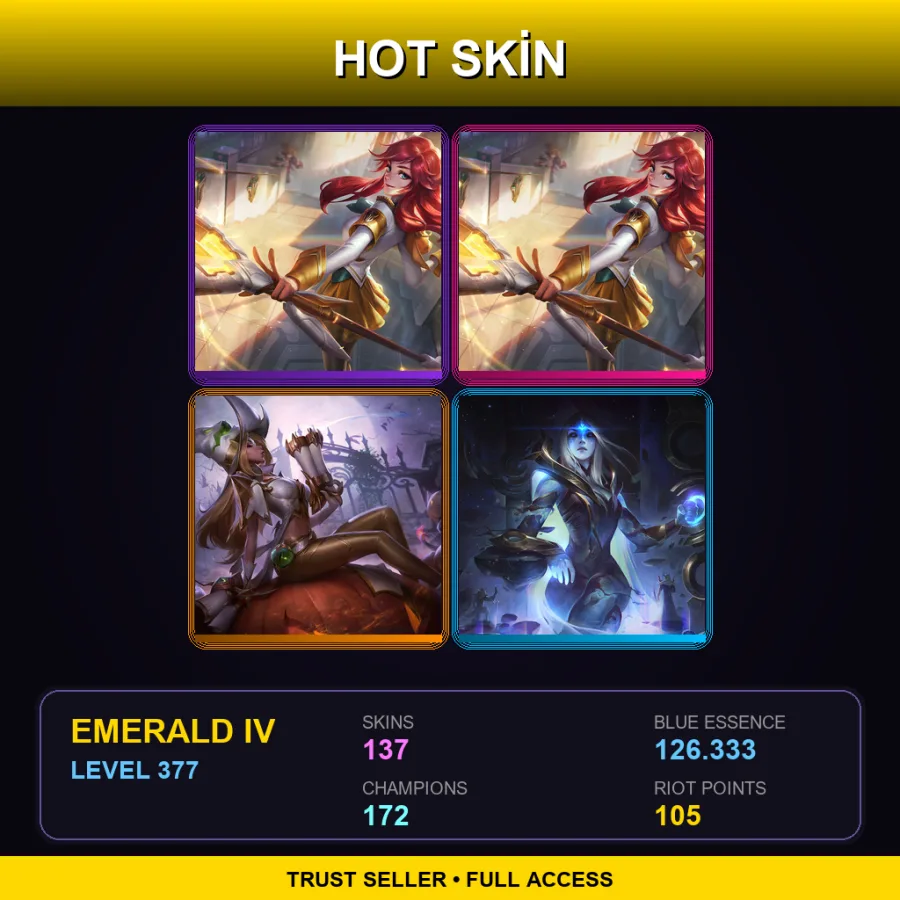 TR | Lv377 | Emerald IV | 137 Skin | 172 Champ — LoL account