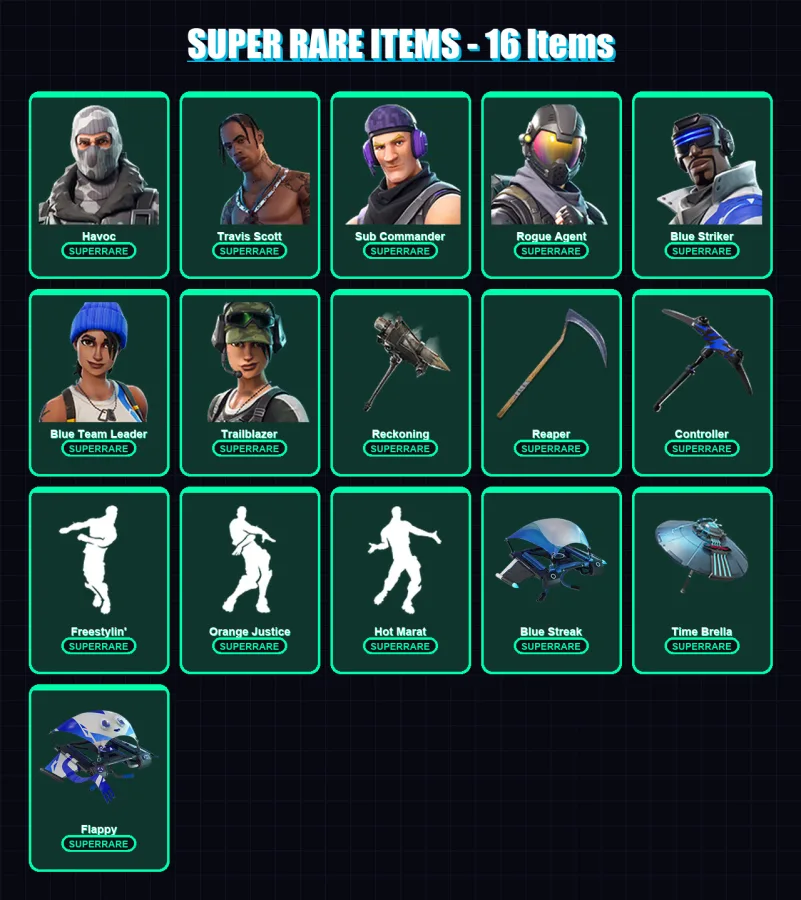 [PS4/PS5/XBOX/PC] | Havoc | Travis Scott | Sub Commander | Rogue Agent | Blue Striker | 80 skin | 74 pickaxe | 91 emote | 82 glider | Lv1182