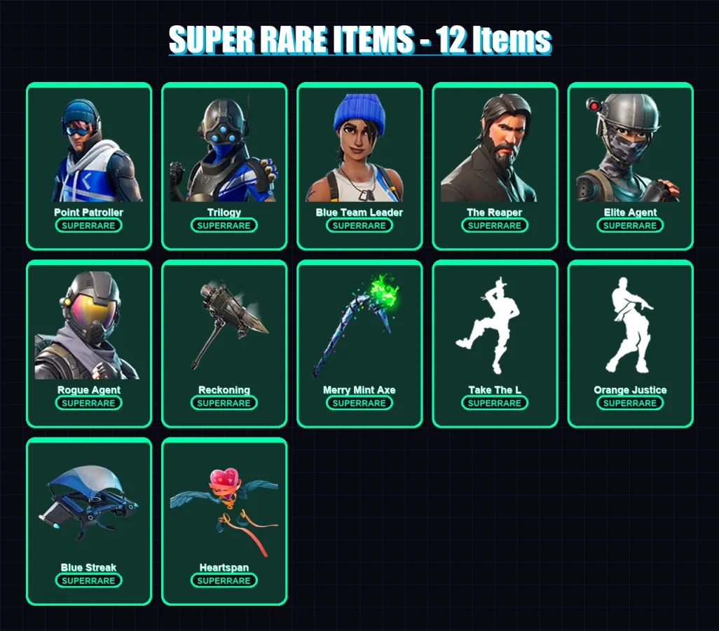 [PS4/PS5/XBOX/PC] | Point Patroller | Trilogy | Blue Team Leader | The Reaper | Elite Agent | 114 skin | 78 pickaxe | 118 emote | 82 glider | Lv1226
