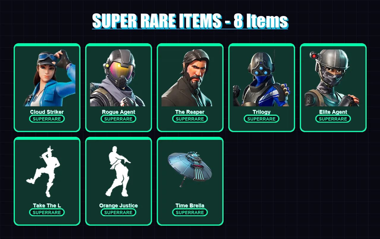 [PS4/PS5/XBOX/PC] | Cloud Striker | Rogue Agent | The Reaper | Trilogy | Elite Agent | 148 skin | 196 pickaxe | 160 emote | 182 glider | Lv2910