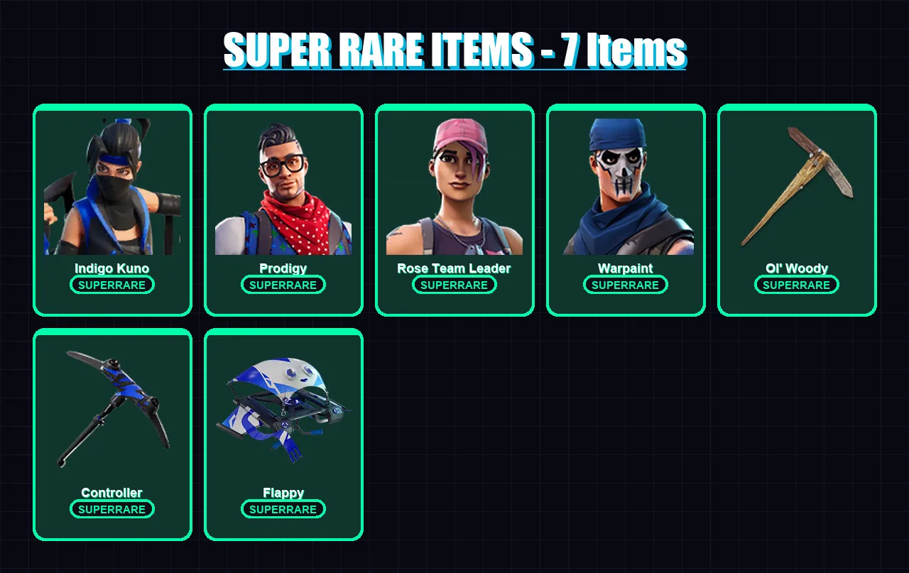 [PC/XBOX/PSN] | Indigo Kuno | Prodigy | Rose Team Leader | Warpaint | 1-Ball | 83 skin | 148 pickaxe | 86 emote | 112 glider | Lv1559