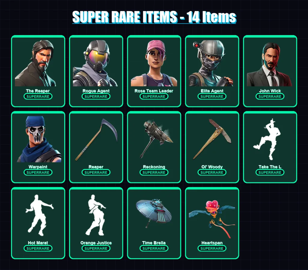 [PC] | The Reaper | Rogue Agent | Rose Team Leader | Elite Agent | John Wick | 235 skin | 201 pickaxe | 189 emote | 143 glider | Lv1772