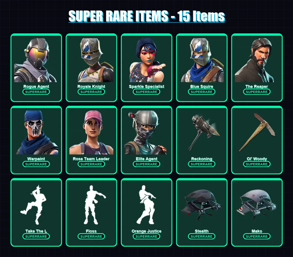 [PC/PSN] | Rogue Agent | Royale Knight | Sparkle Specialist | Blue Squire | The Reaper | 62 skin | 92 pickaxe | 77 emote | 77 glider | Lv1019