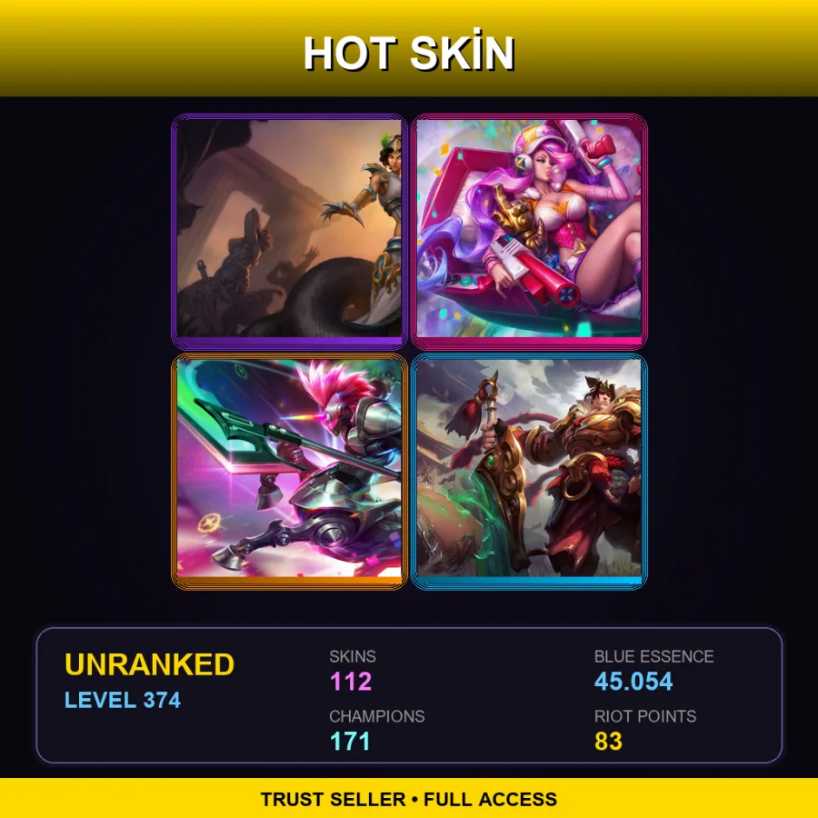 EUW | Lv374 | Unranked | 112 Skin | 171 Champ — LoL account
