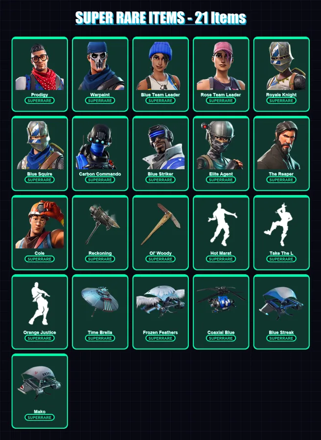 [PS4/PS5/XBOX/PC] | Prodigy | Warpaint | Blue Team Leader | Rose Team Leader | Royale Knight | 97 skin | 103 pickaxe | 86 emote | 108 glider | Lv160