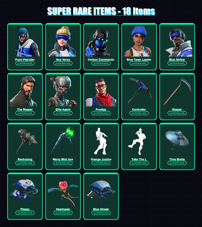 [PC/XBOX] | Point Patroller | Neo Versa | Carbon Commando | Blue Team Leader | Blue Striker | 124 skin | 118 pickaxe | 115 emote | 128 glider | Lv18