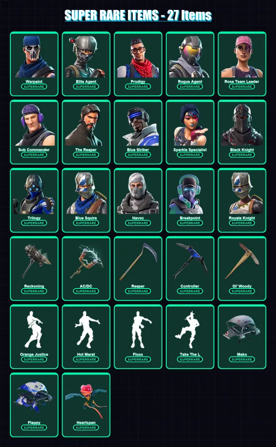 [PC/XBOX/PSN] | Warpaint | Elite Agent | Prodigy | Rogue Agent | Rose Team Leader | 208 skin | 121 pickaxe | 117 emote | 112 glider | Lv1721