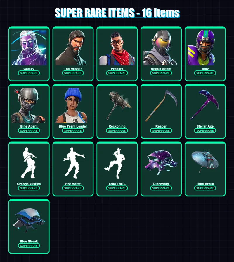 [PS4/PS5/PC] | Galaxy | The Reaper | Prodigy | Rogue Agent | Blitz | 102 skin | 51 pickaxe | 54 emote | 55 glider | Lv924