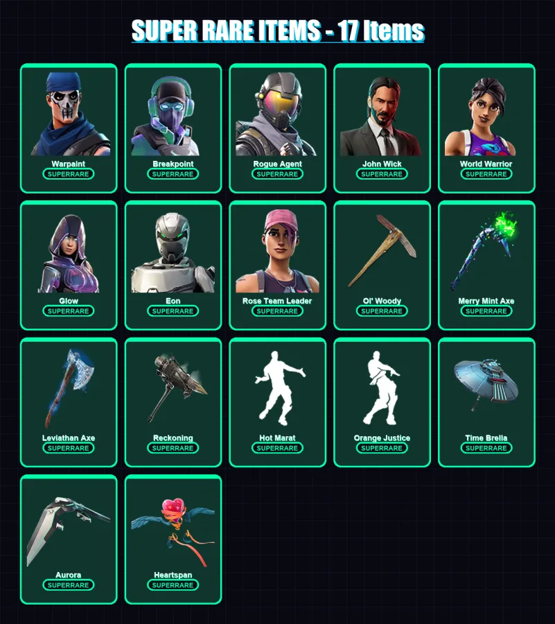 [PC/PSN] | Warpaint | Breakpoint | Rogue Agent | John Wick | World Warrior | 240 skin | 234 pickaxe | 180 emote | 181 glider | Lv2256