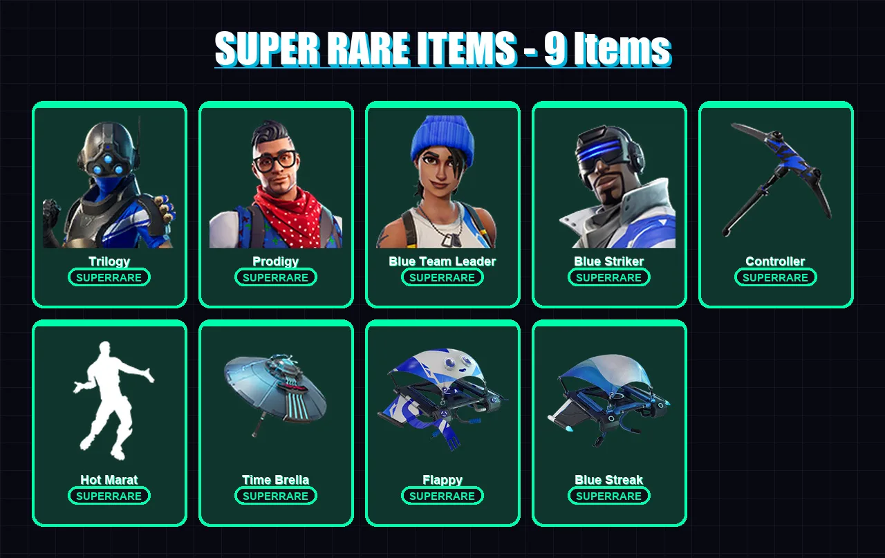[PS4/PS5/XBOX/PC] | Trilogy | Prodigy | Blue Team Leader | Blue Striker | Valeria | 69 skin | 115 pickaxe | 105 emote | 117 glider | Lv1734