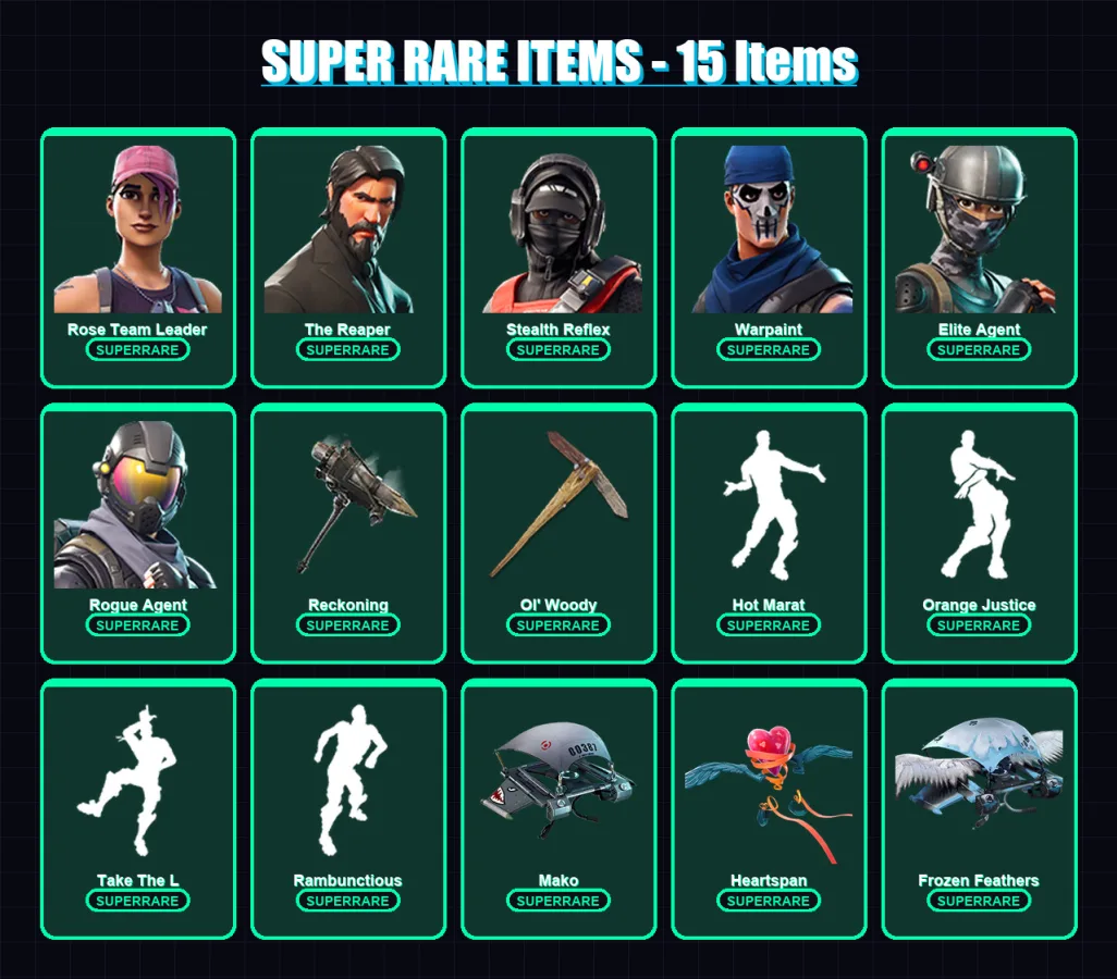 [PC/XBOX/PSN] | Rose Team Leader | The Reaper | Stealth Reflex | Warpaint | Elite Agent | 266 skin | 219 pickaxe | 158 emote | 129 glider | Lv1687