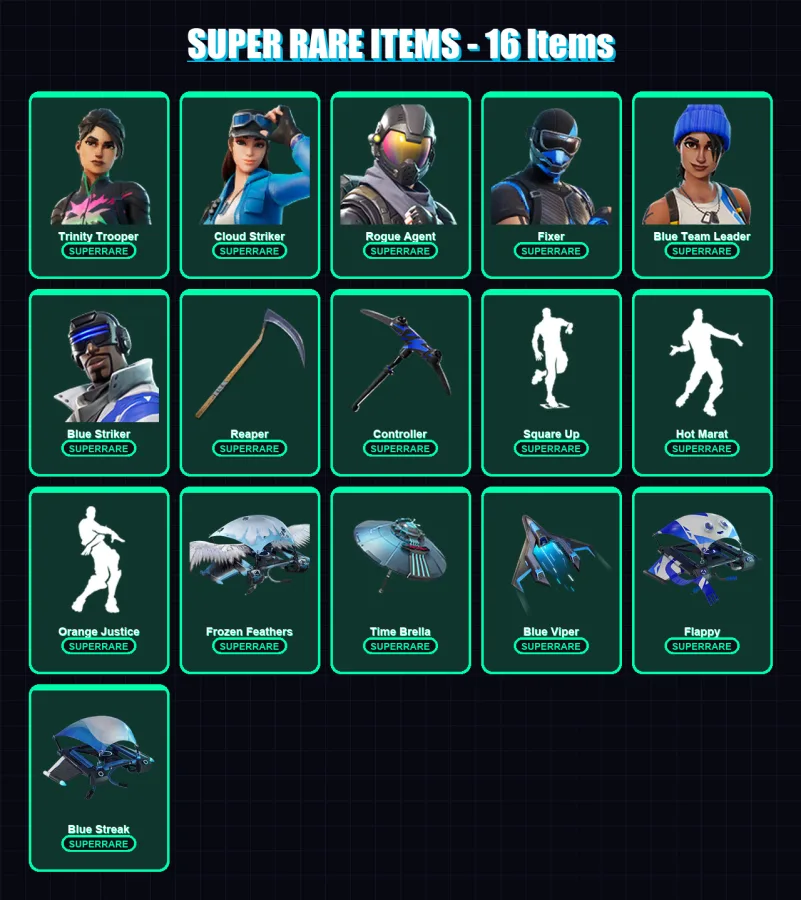 [PC] | Trinity Trooper | Cloud Striker | Rogue Agent | Fixer | Blue Team Leader | 214 skin | 177 pickaxe | 168 emote | 125 glider | Lv2183