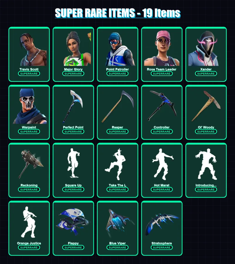 [PC/XBOX] | Travis Scott | Major Glory | Point Patroller | Rose Team Leader | Xander | 128 skin | 148 pickaxe | 129 emote | 130 glider | Lv1781