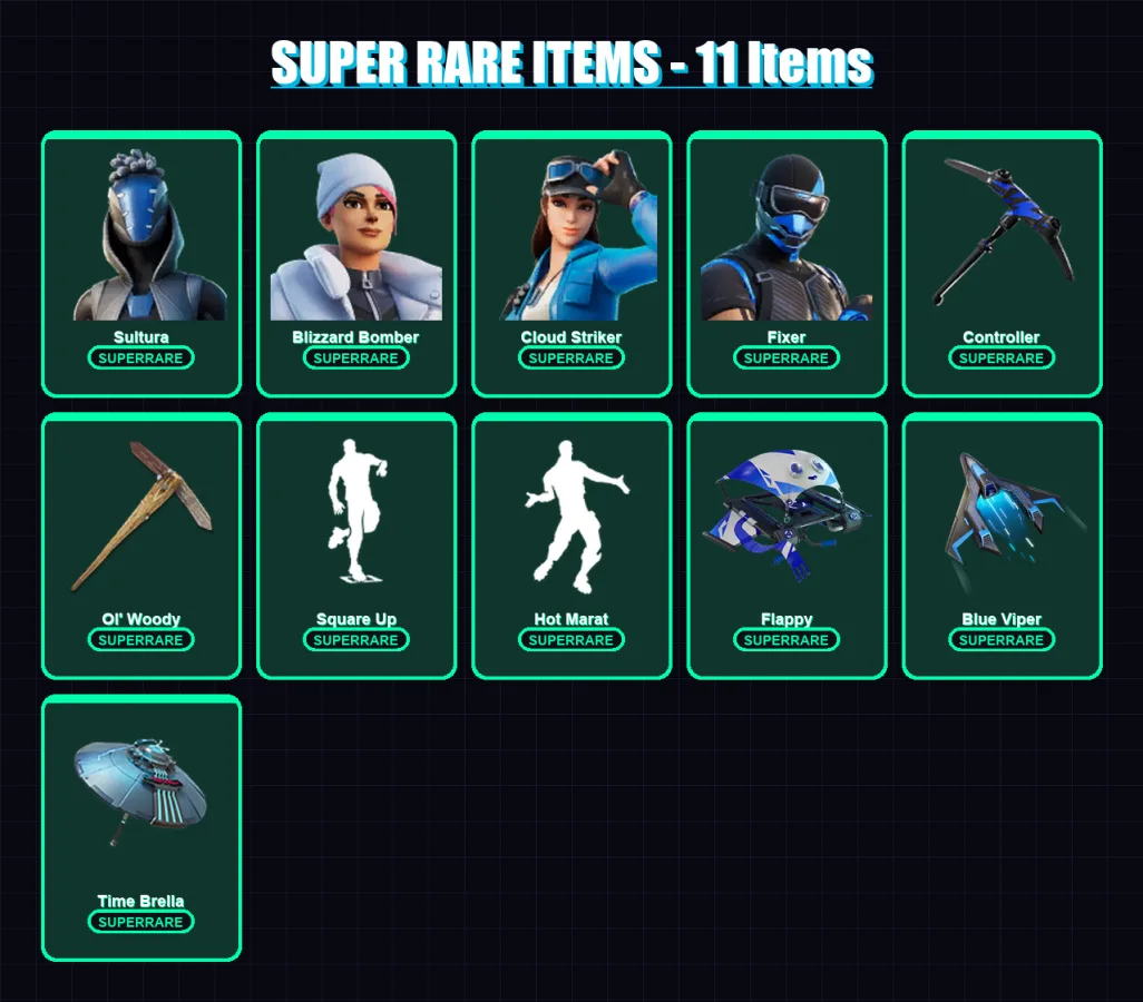 [PS4/PS5/XBOX/PC] | Sultura | Blizzard Bomber | Cloud Striker | Fixer | Blackheart | 102 skin | 107 pickaxe | 113 emote | 101 glider | Lv1684