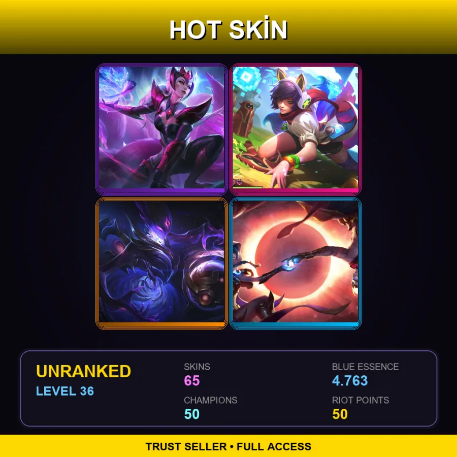 EUW | Challenger Ahri | Arcade Ahri | Dark Star Orianna | Cosmic Dusk Xayah | 65 Skin | 50 Champ | Lv36