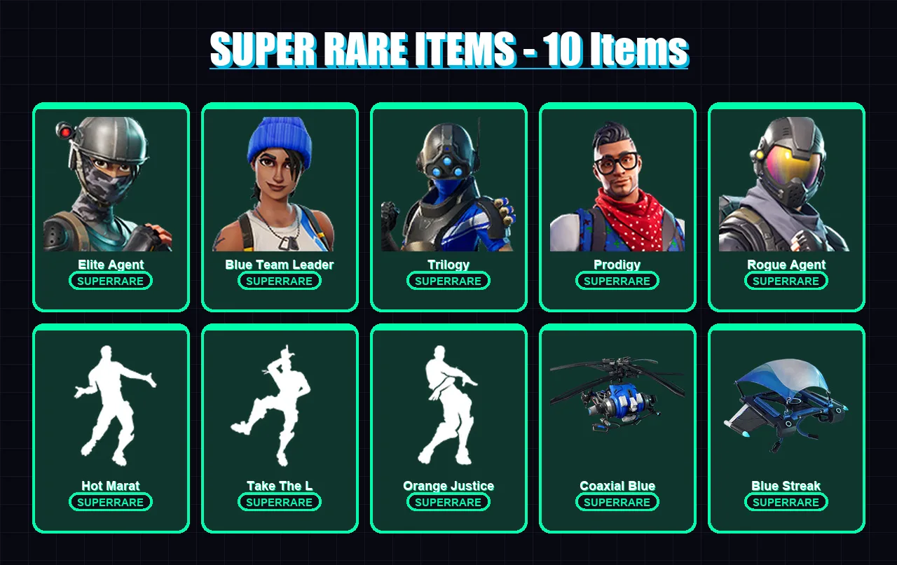 [PS4/PS5/XBOX/PC] | Elite Agent | Blue Team Leader | Trilogy | Prodigy | Rogue Agent | 41 skin | 57 pickaxe | 71 emote | 69 glider | Lv1100