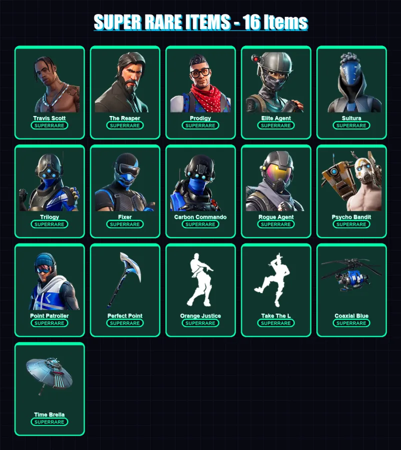 [SWITCH/XBOX/PC] | Travis Scott | The Reaper | Prodigy | Elite Agent | Sultura | 120 skin | 106 pickaxe | 99 emote | 108 glider | Lv1657