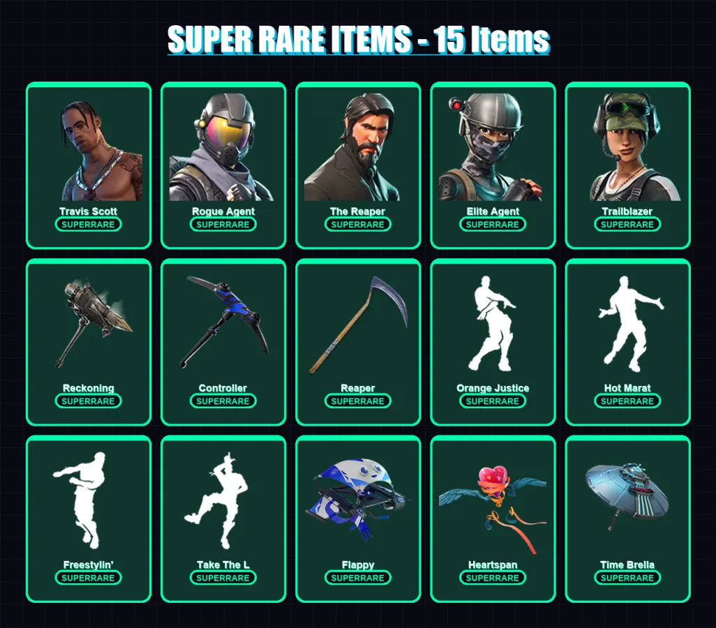 [PC] | Travis Scott | Rogue Agent | The Reaper | Elite Agent | Trailblazer | 100 skin | 104 pickaxe | 92 emote | 98 glider | Lv1425