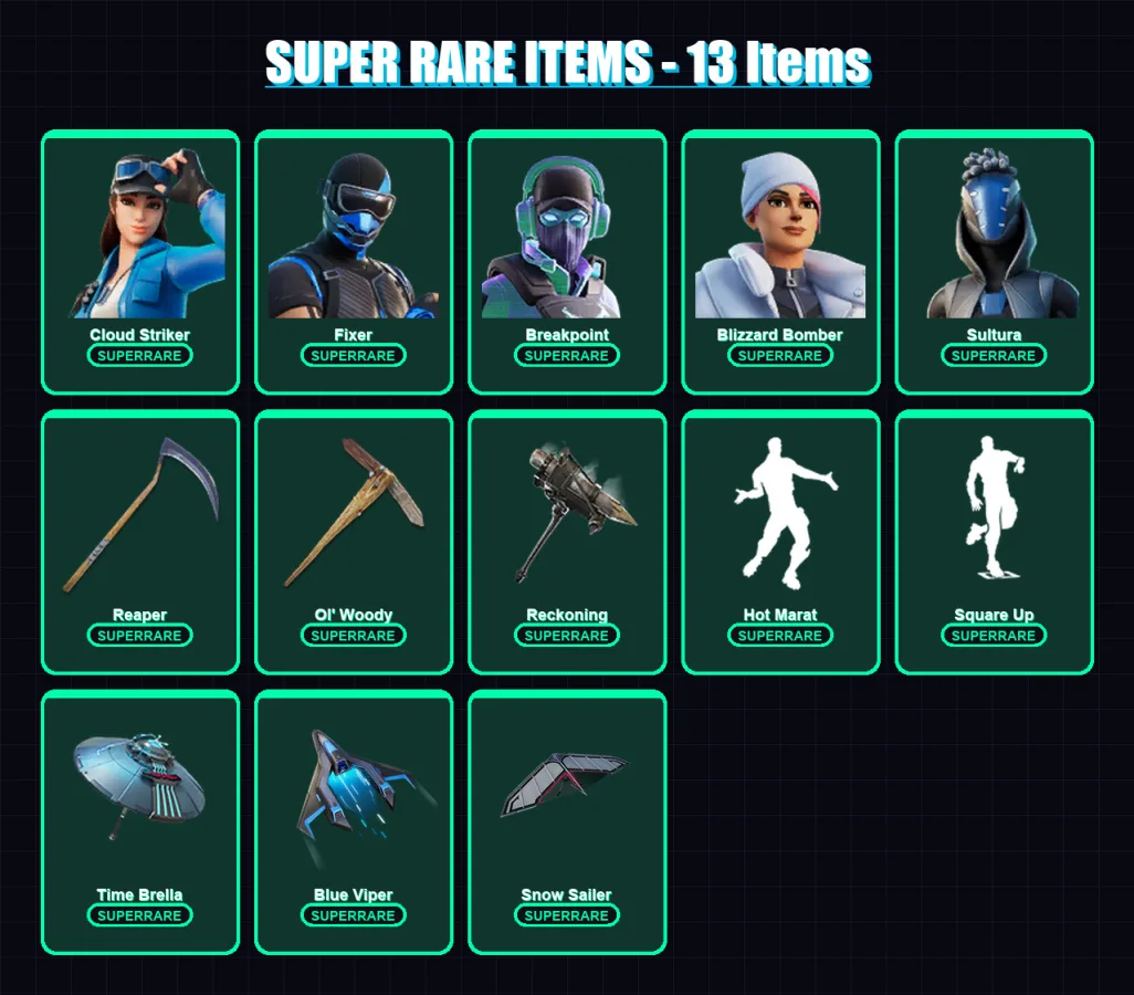 [PS4/PS5/XBOX/PC] | Cloud Striker | Fixer | Breakpoint | Blizzard Bomber | Sultura | 123 skin | 169 pickaxe | 132 emote | 147 glider | Lv2187
