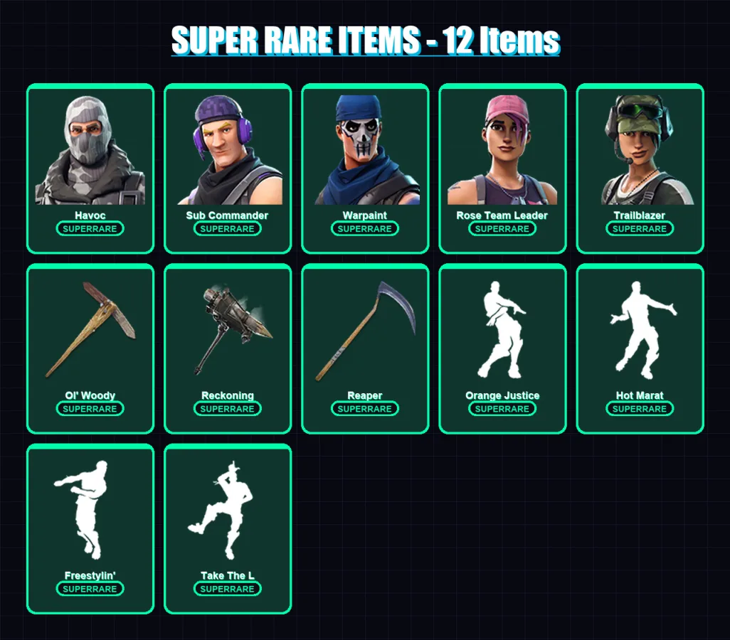 [PC] | Havoc | Sub Commander | Warpaint | Rose Team Leader | Trailblazer | 84 skin | 61 pickaxe | 69 emote | 60 glider | Lv787