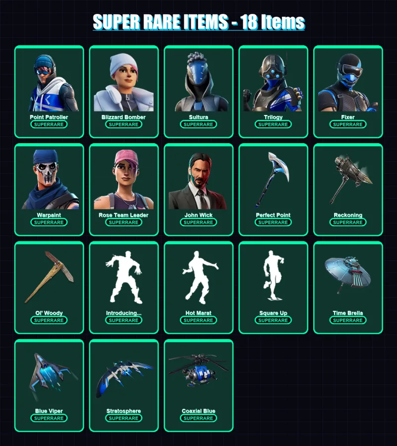 [PC/XBOX] | Point Patroller | Blizzard Bomber | Sultura | Trilogy | Fixer | 76 skin | 93 pickaxe | 83 emote | 88 glider | Lv1050