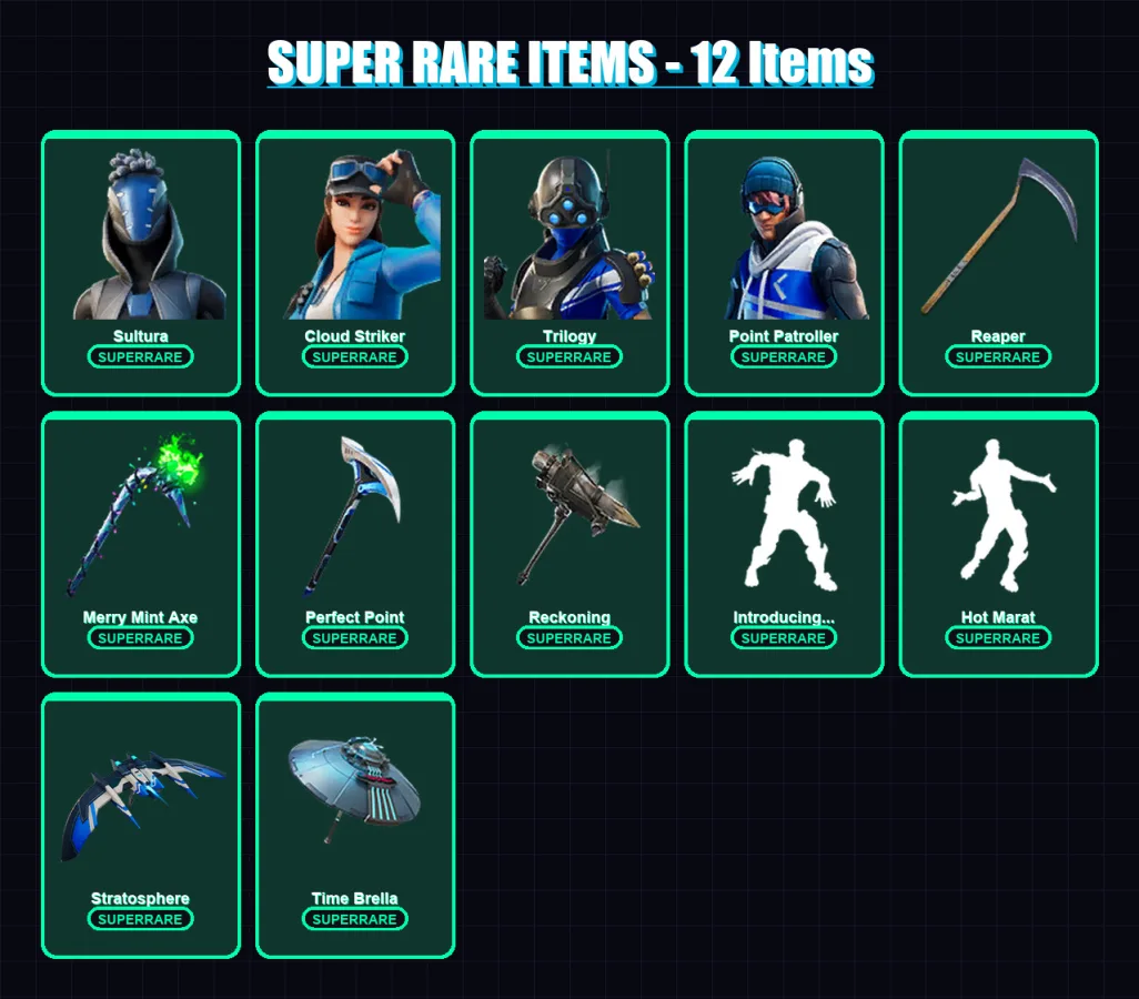 [PS4/PS5/XBOX/PC] | Sultura | Cloud Striker | Trilogy | Point Patroller | Vendetta | 134 skin | 151 pickaxe | 120 emote | 111 glider | Lv1715