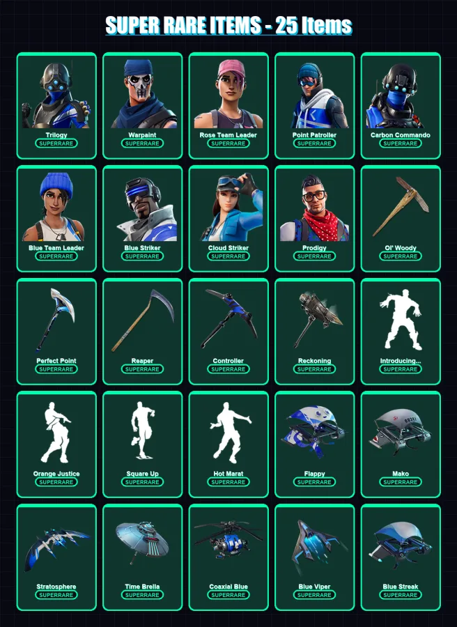 [PC/XBOX/PSN] | Trilogy | Warpaint | Rose Team Leader | Point Patroller | Carbon Commando | 131 skin | 112 pickaxe | 133 emote | 112 glider | Lv1541