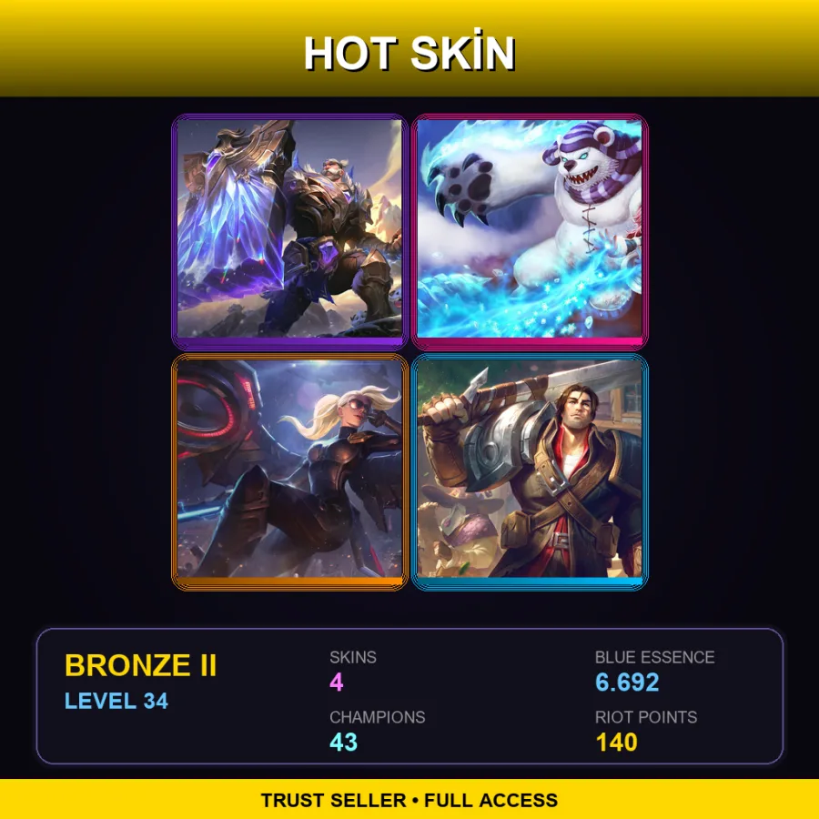 EUW | Lv34 | Bronze II | 4 Skin | 43 Champ