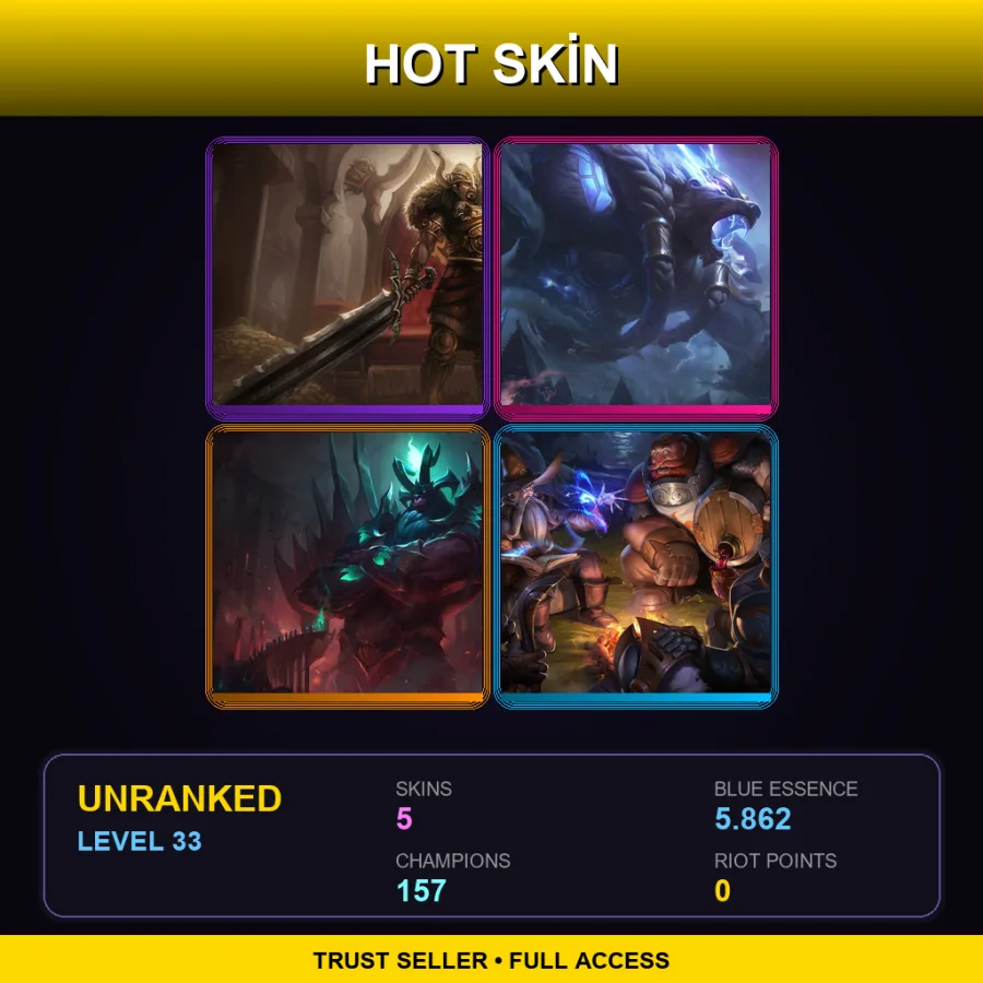SG | Viking Tryndamere | Thunder Lord Volibear | Gatekeeper Galio | Braum Lionheart | 5 Skin | 157 Champ | Lv33