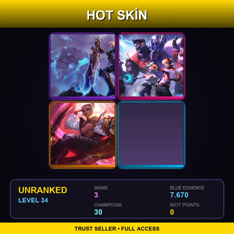 VN | Lv34 | Unranked | 3 Skin | 30 Champ — LoL account