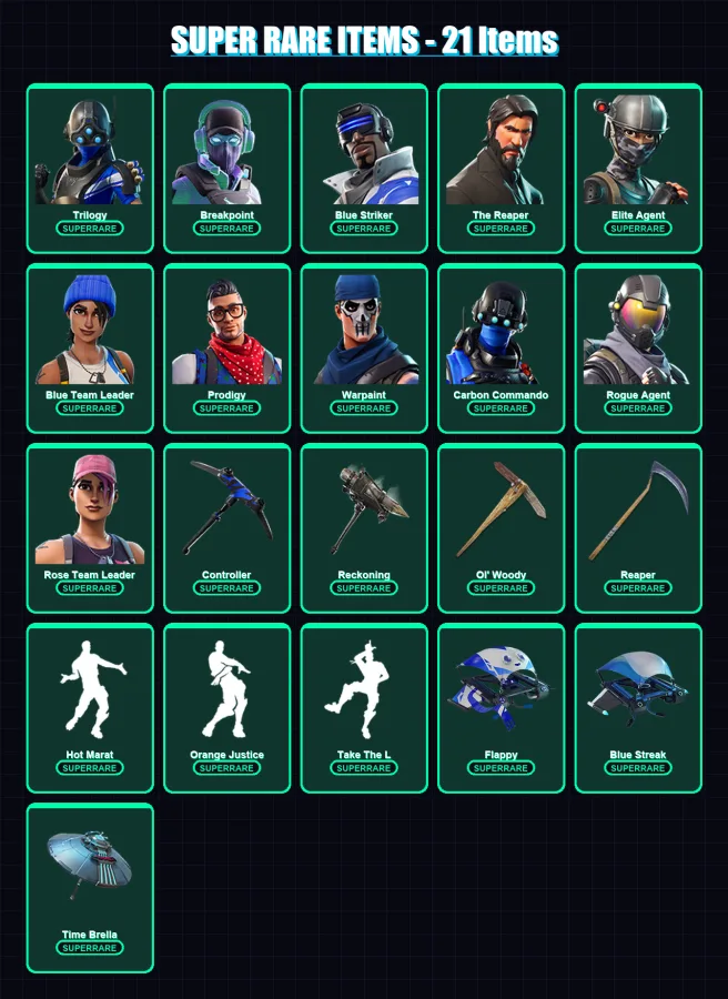 [PC] | Trilogy | Breakpoint | Blue Striker | The Reaper | Elite Agent | 152 skin | 151 pickaxe | 176 emote | 135 glider | Lv2015