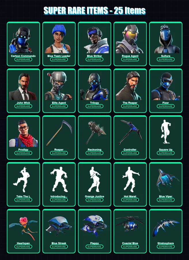 [PS4/PS5/XBOX/PC] | Carbon Commando | Blue Team Leader | Blue Striker | Rogue Agent | Sultura | 108 skin | 84 pickaxe | 82 emote | 80 glider | Lv900
