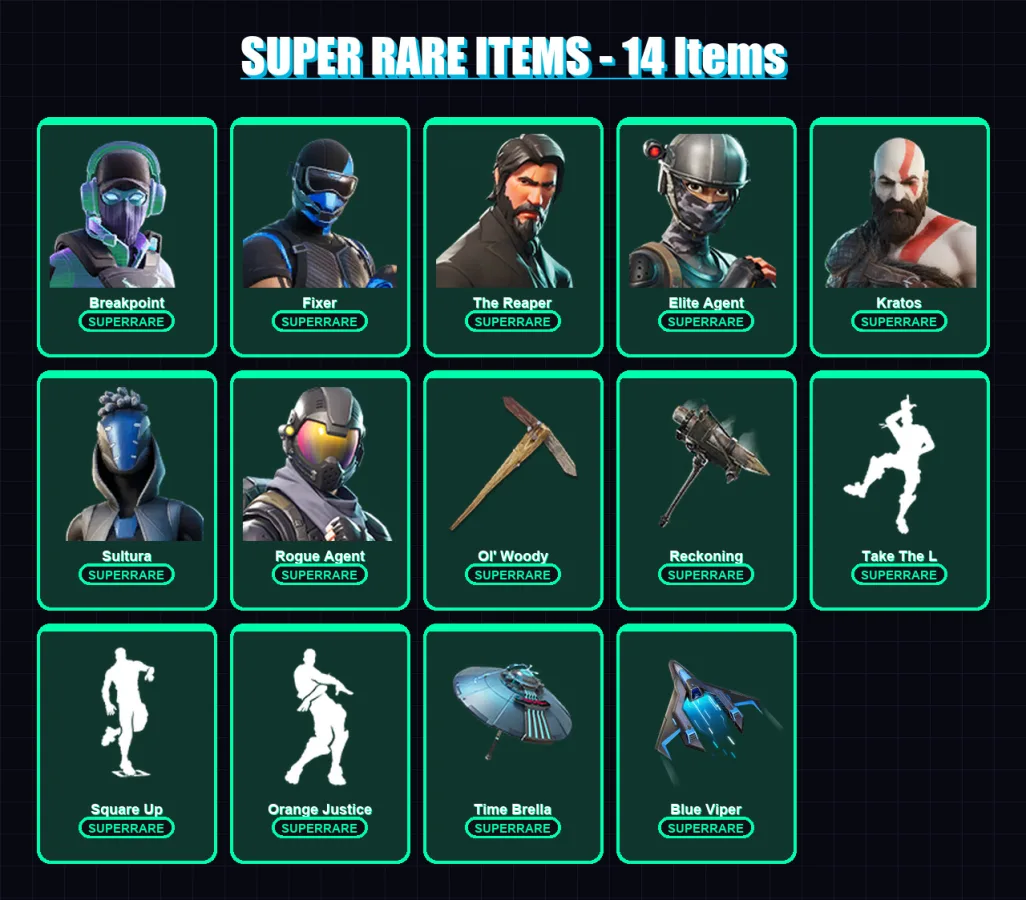 [PC] | Breakpoint | Fixer | The Reaper | Elite Agent | Kratos | 154 skin | 149 pickaxe | 118 emote | 126 glider | Lv1662