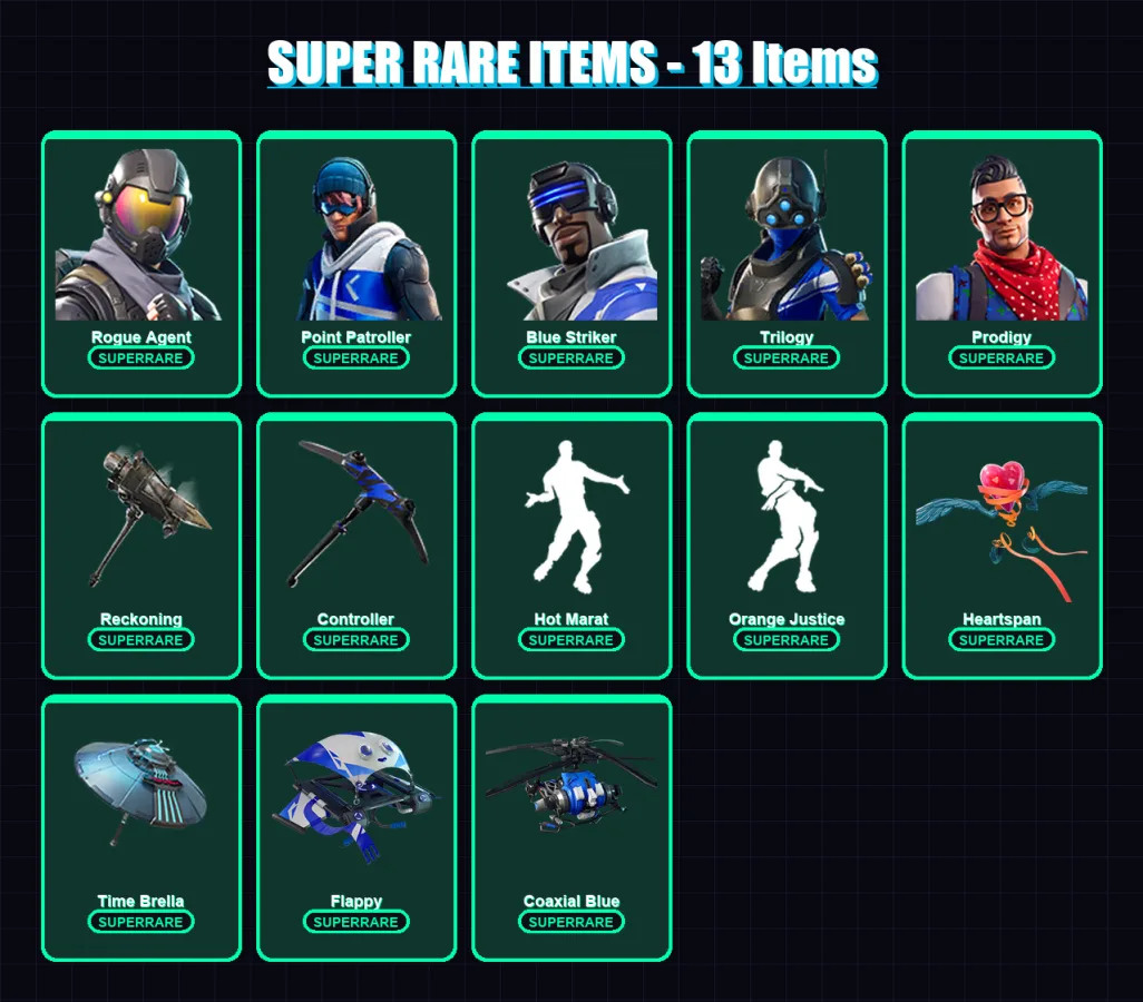 [PC/XBOX] | Rogue Agent | Point Patroller | Blue Striker | Trilogy | Prodigy | 61 skin | 53 pickaxe | 61 emote | 66 glider | Lv787 — Fortnite account
