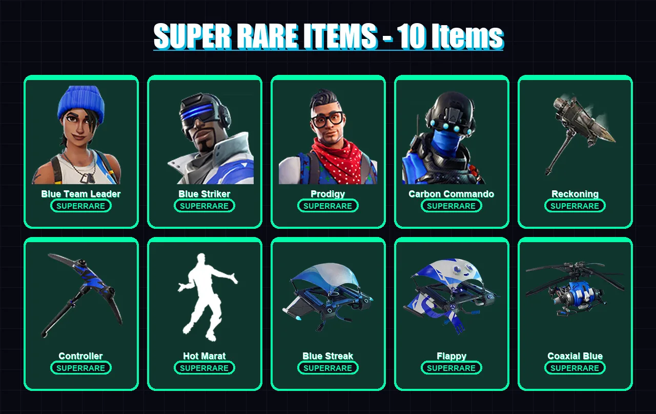 [PS4/PS5/XBOX/PC] | Blue Team Leader | Blue Striker | Prodigy | Carbon Commando | Sentinel | 50 skin | 33 pickaxe | 43 emote | 40 glider | Lv443