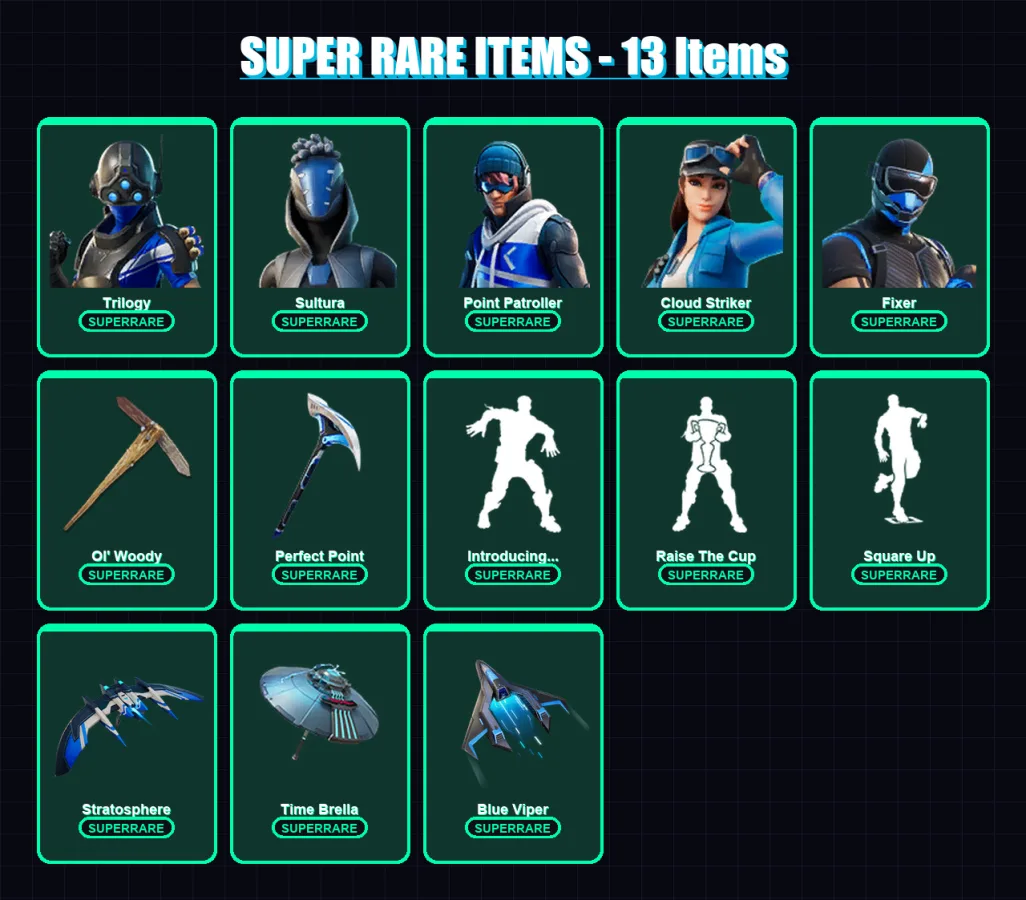 [PS4/PS5/XBOX/PC] | Trilogy | Sultura | Point Patroller | Cloud Striker | Fixer | 59 skin | 74 pickaxe | 58 emote | 68 glider | Lv1247