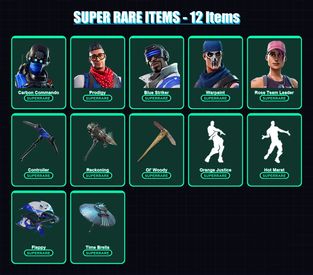 [PS4/PS5/XBOX/PC] | Carbon Commando | Prodigy | Blue Striker | Warpaint | Rose Team Leader | 21 skin | 22 pickaxe | 30 emote | 23 glider | Lv323