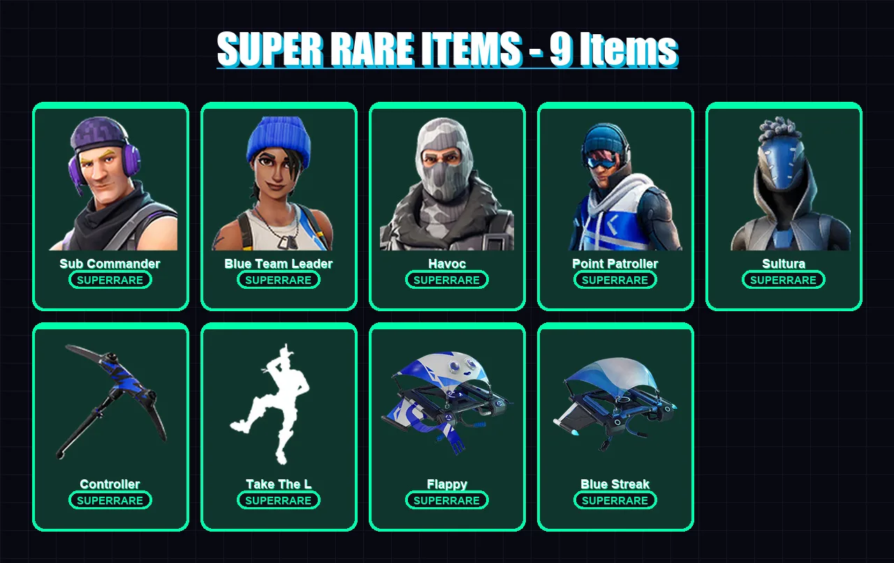 [PS4/PS5/XBOX/PC] | Sub Commander | Blue Team Leader | Havoc | Point Patroller | Sultura | 8 skin | 10 pickaxe | 20 emote | 17 glider | Lv240