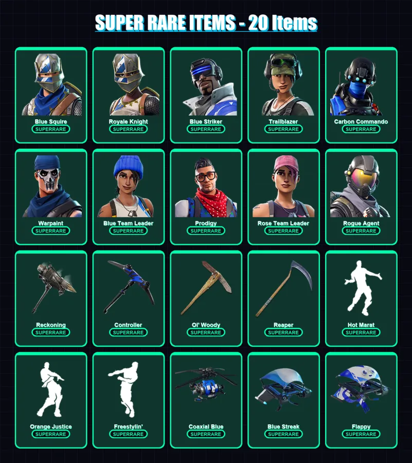 [PS4/PS5/XBOX/PC] | Blue Squire | Royale Knight | Blue Striker | Trailblazer | Carbon Commando | 63 skin | 42 pickaxe | 62 emote | 54 glider | Lv498