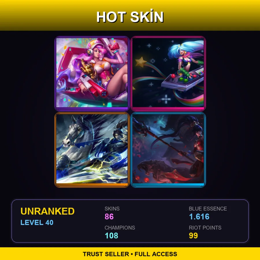 NA | Arcade Miss Fortune | Arcade Sona | Warring Kingdoms Xin Zhao | Warring Kingdoms Nidalee | 86 Skin | 108 Champ | Lv40