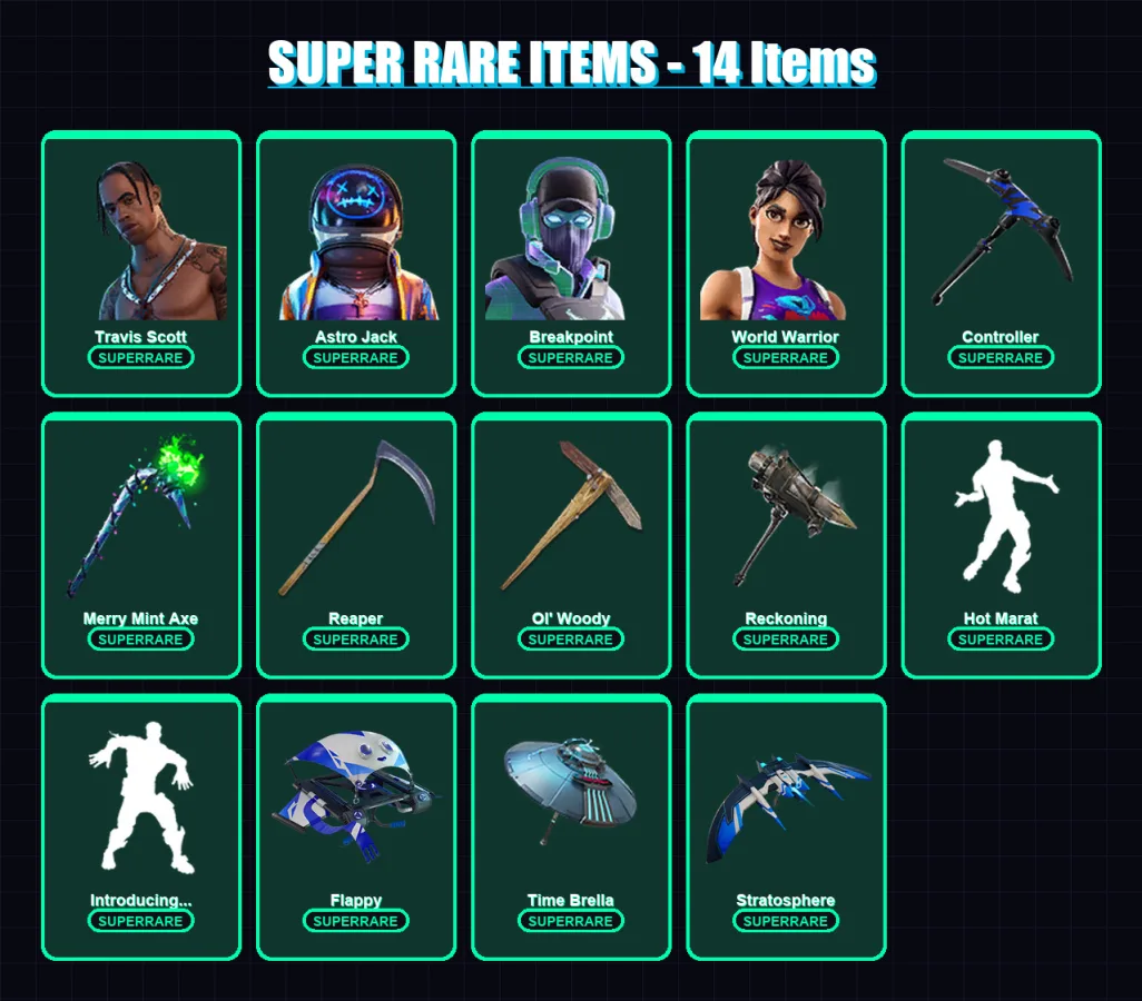 [PC] | Travis Scott | Polo Prodigy | Stadium Hero '92 | Astro Jack | Breakpoint | 163 skin | 136 pickaxe | 117 emote | 117 glider | Lv1660 — Fortnite account
