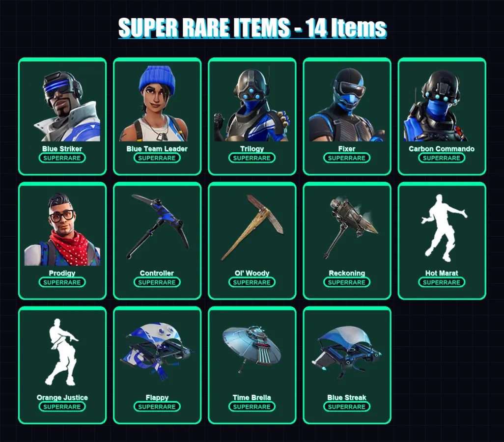 [PS4/PS5/XBOX/PC] | Blue Striker | Blue Team Leader | Trilogy | Fixer | Carbon Commando | 114 skin | 137 pickaxe | 121 emote | 136 glider | Lv2008